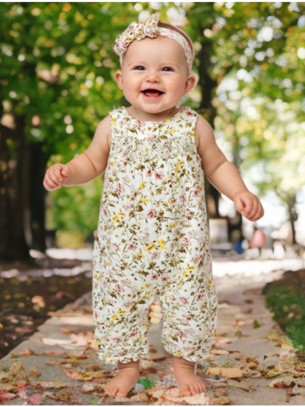 Janie & Jack Baby Girl Floral Corduroy Jumpsuit Smocking One Piece Romper Pants